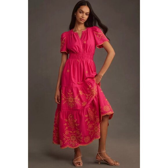 NWT Anthropologie Maeve Somerset Maxi in Pink Embroidered Edition Dress L - Picture 1 of 8